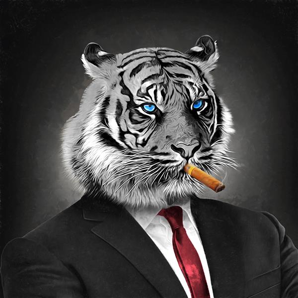 نقاشی رنگ روغن مدرن سیاه و سفید ببر در کت و شلوار تجاری با کراوات و سیگار مجموعه هنرمند نقاشی حیوانات برای دکوراسیون و داخلی هنر بوم انتزاعی مافیا