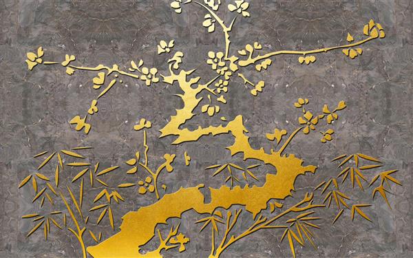 تصویر سه بعدی درخت زرد انتزاعی در زمینه متقارن مرمر قهوه ای