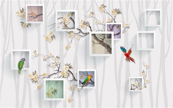 تصویر سه بعدی پس‌زمینه روشن با قاب‌های مربع سفید درخت گل‌دار بژ طوطی‌های رنگارنگ روشن