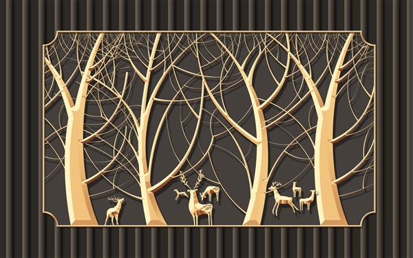 تصویر سه بعدی درختان بژ انتزاعی و گوزن در یک قاب فرفری روی پس‌زمینه راه راه قهوه‌ای
