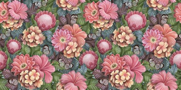 الگوی بدون درز گل با دسته گل های گرمسیری پلومریا پروتئا هیبیسکوس پروانه های بال شیشه ای شاخ و برگ تازه برگ های عجیب و غریب تصویر سه بعدی قدیمی با دست طراحی شده است مناسب برای کاغذ دیواری لوکس