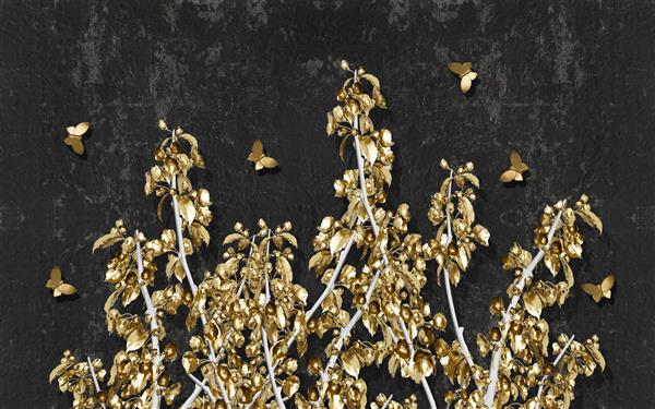 تصویر سه بعدی برگ‌های طلایی روی شاخه‌ها و پروانه‌های طلایی روی پس‌زمینه گرانج تیره