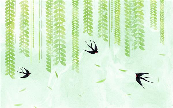 پرستوهای پرنده روی زمینه سبز مرمر و گیاهان بلند آویزان از بالا