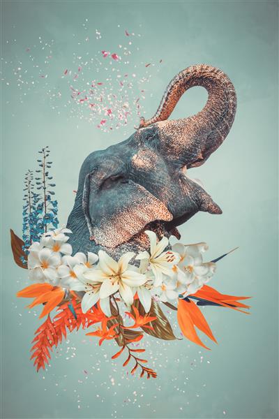 کلاژ هنر سورئال معاصر انتزاعی از فیل با گل