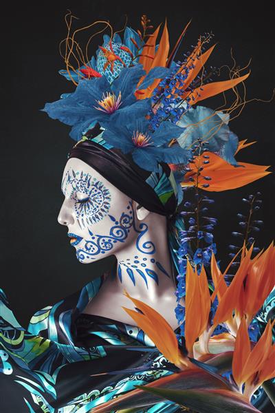 پرتره کلاژ هنر معاصر انتزاعی از زن جوان با گل و نقاشی بدن بر روی صورتش
