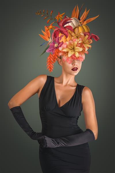 پرتره کلاژ هنر معاصر انتزاعی زن جوان با گل های پاییزی روی صورت چشمانش را پنهان می کند