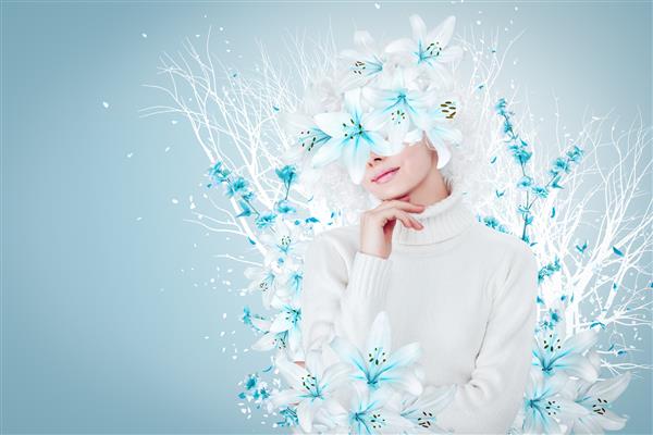 انتزاعی کلاژ هنر معاصر پرتره زمستانی زن جوان با گل روی صورت چشمانش را پنهان می کند