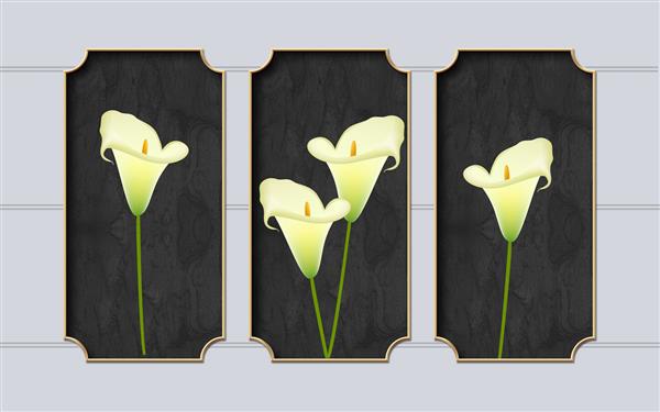 تصویر سه‌بعدی گل کالا در پس‌زمینه تیره در قاب‌های مجعد بژ روی پس‌زمینه خاکستری