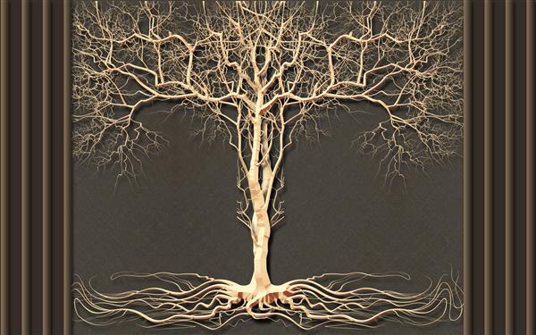 تصویر سه بعدی درخت بژ چند ضلعی بزرگ بدون برگ با ریشه در زمینه پارچه قهوه‌ای در قاب مواج قهوه‌ای