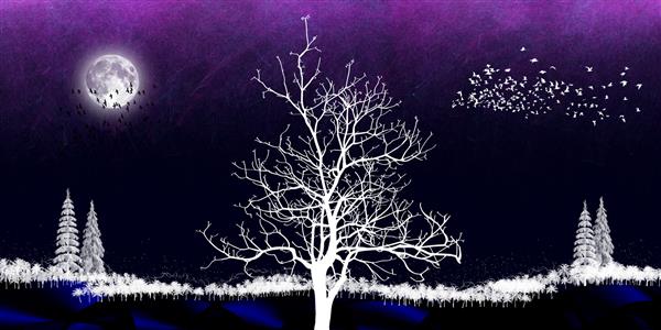 تصویرسازی تصاویر سه بعدی از صحنه های طبیعی درختان پرندگان ماه