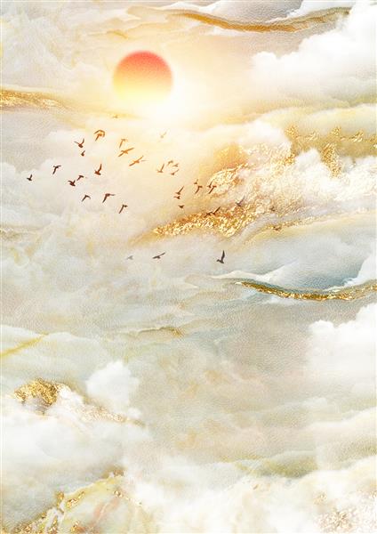 تصویرسازی تصاویر سه بعدی از صحنه های طبیعی کوه ها ابرها خورشید پرندگان