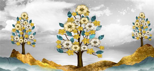 تصویر زمینه سه بعدی هنر منظره درختان قهوه ای با گل های طلایی و کوه های فیروزه ای در پس زمینه خاکستری روشن با ابرهای سفید