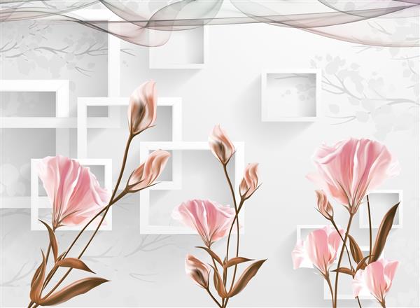 کاغذ دیواری کلاسیک سه بعدی گل های رز در زمینه خاکستری روشن با مربع و شکل موج دار برای دکوراسیون دیوار خانه