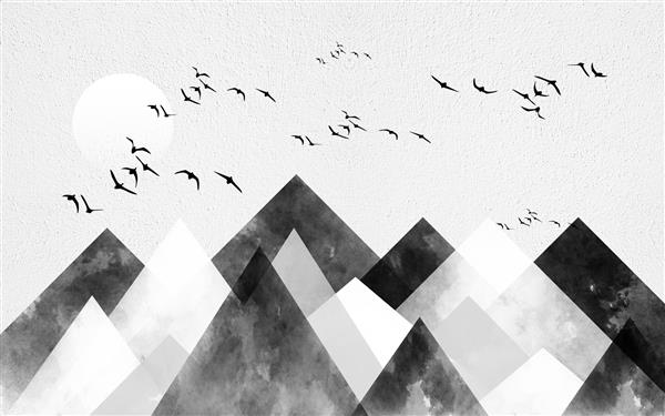 منظره هندسی تک رنگ مسطح با کوه ها ماه و گله پرندگان سیاه
