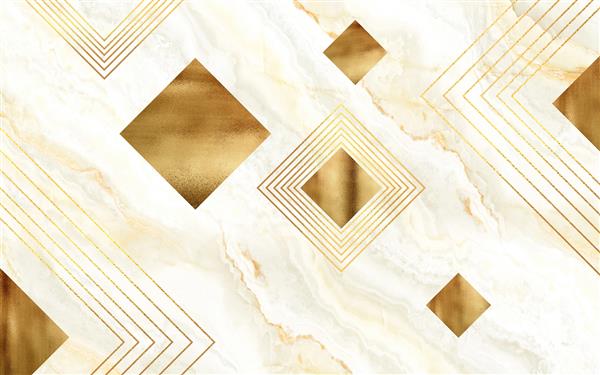 کاغذ دیواری سه بعدی دیواری مدرن طلایی و خطوط و مثلث در زمینه سنگ مرمر سفید طلایی