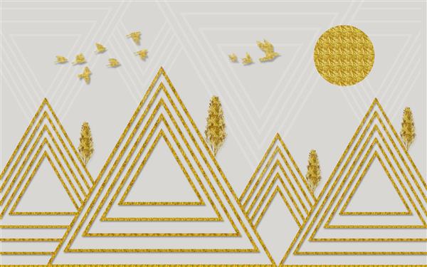 تصویر سه بعدی منظره هندسی طلایی انتزاعی کوه های مثلثی دسته ای از پرندگان و ماه کامل در پس زمینه خاکستری
