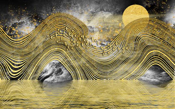 تصویر سه بعدی خطوط مواج زرد روی پس‌زمینه‌ی مرمری تیره گله‌ای از پرندگان و ماه کامل با انعکاس در آب