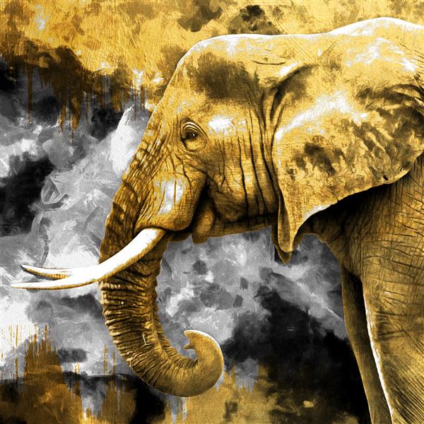 نقاشی مدرن از صورت فیل بافت سبک شرقی بوم خاکستری و طلایی با الگوی انتزاعی مجموعه هنرمند نقاشی حیوانات برای دکوراسیون و داخلی هنر بوم