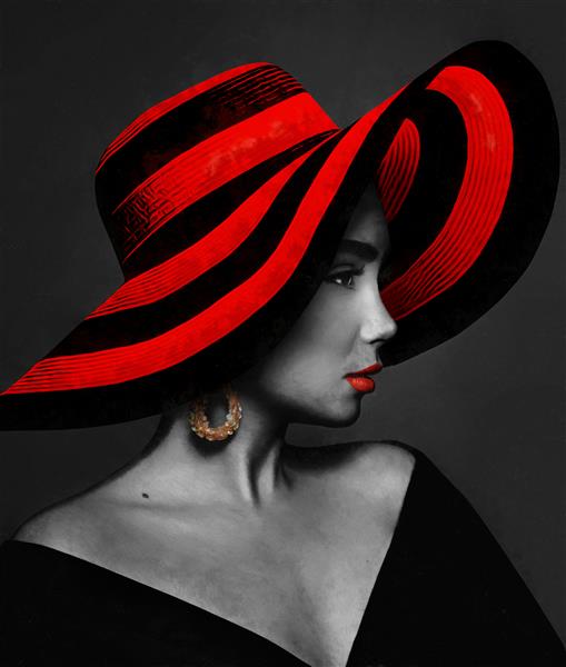 نقاشی رنگ روغن سیاه و سفید مدرن دختر زیبا با کلاه قرمزی مجموعه هنرمند نقاشی حیوانات برای دکوراسیون و داخلی هنر بوم انتزاعی