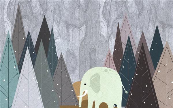 منظره هندسی انتزاعی تخت با درختان مثلثی و فیل در زمینه پارچه خاکستری