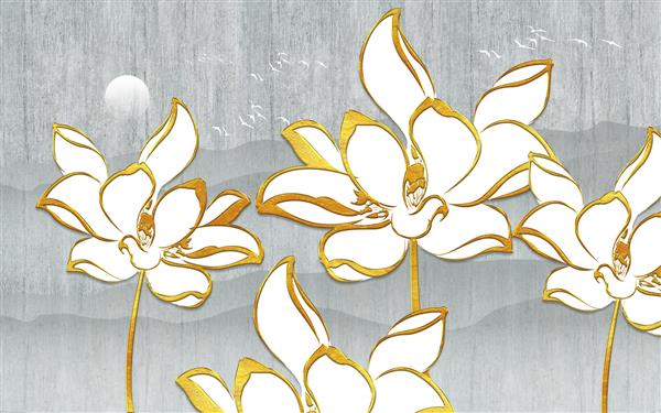 تصویر سه بعدی گل‌های ماگنولیا سفید و طلایی در پس‌زمینه منظره خاکستری