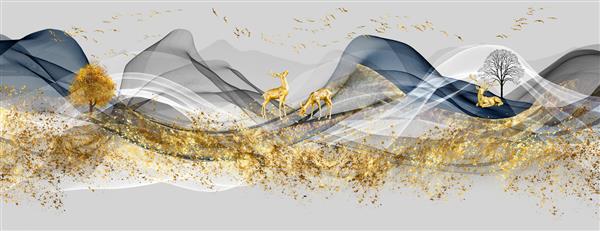 تصویر سه بعدی از صحنه طبیعی گوزن روبان پرندگان