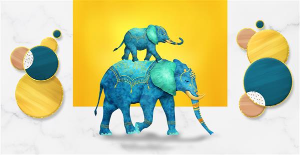 تصویر سه بعدی از نقاشی های دیواری فیل ها و بلوک های هندسی