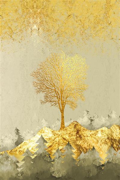 کاغذ دیواری دیواری هنر بوم مدرن با درختان طلایی و پس زمینه روشن گوزن طلایی درخت کریسمس کوه های طلایی خورشید با گوزن ها تصویر سه بعدی برای استفاده به عنوان قاب روی دیوارها