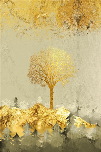 کاغذ دیواری دیواری هنر بوم مدرن با درختان طلایی و پس زمینه روشن گوزن طلایی درخت کریسمس کوه های طلایی خورشید با گوزن ها تصویر سه بعدی برای استفاده به عنوان قاب روی دیوارها
