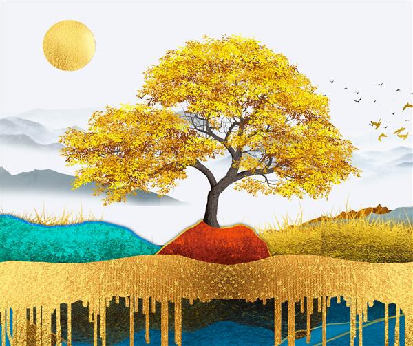 تصویرسازی تصاویر سه بعدی از صحنه های طبیعی درختان پرندگان خورشید