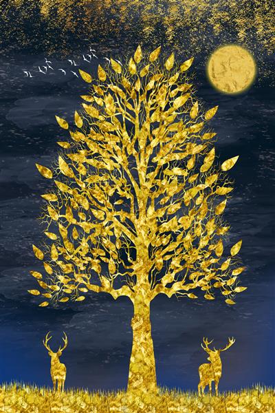 تصویر زمینه تزئینی هنر بوم درخت طلایی سه بعدی و ماه پرندگان و گوزن