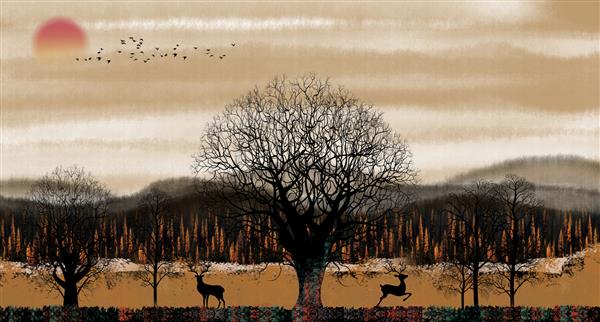 کاغذ دیواری دیواری سه بعدی هنر بوم مدرن با درختان سیاه و پس زمینه نقاشی روشن کوه ها خورشید گوزن ها و پرندگان سیاه برای تزیین دیوار منزل