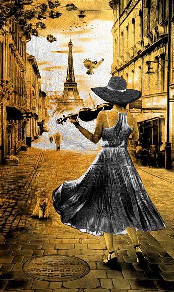 نقاشی طلا دختری در حال نواختن ویولن در غروب خورشید در پاریس با برج ایفل بافت سبک شرقی بوم خاکستری و طلایی با الگوی انتزاعی دکوراسیون و مجموعه داخلی