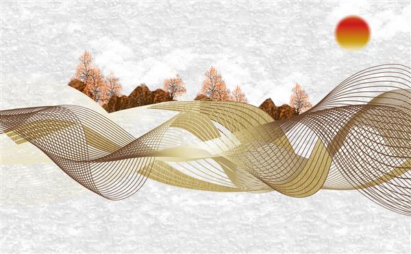 کاغذ دیواری سه بعدی هنری منحنی های طلایی و قهوه ای درخت کوه ها ابرها و خورشید را در پس زمینه کلاسیک سفید خط می کشند