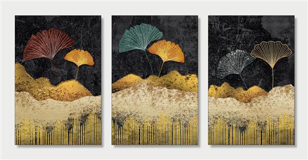 هنر انتزاعی هنر کاربردی نقاشی ژئود آبرنگ کوه های طلایی خطوط شکل و پر در پس زمینه مرمر سیاه برای چاپ روی بوم