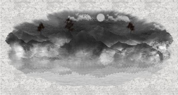 کاغذ دیواری سیاه و سفید 3 بعدی بوم منظره کوه ها درختان ابرها و ماه در پس زمینه خاکستری