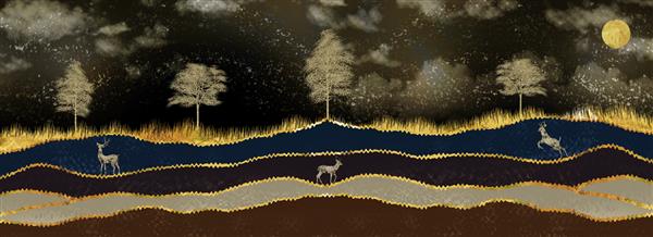 کاغذ دیواری منظره هنری سه بعدی پس زمینه تیره جنگل درختان کریسمس کوه مرمر گوزن ها خورشید طلایی و ابرها