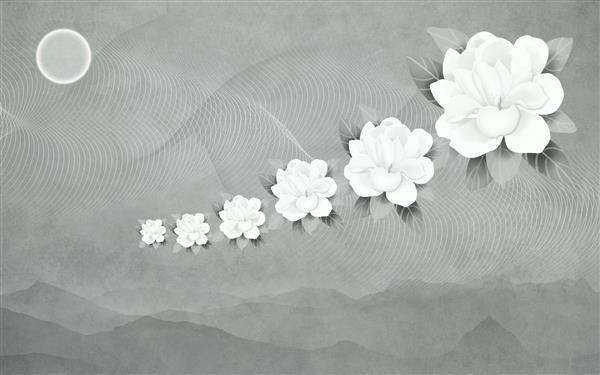 کاغذ دیواری منظره دیواری سه بعدی گلدار با پس زمینه ساده روشن گل های سفید و ماه