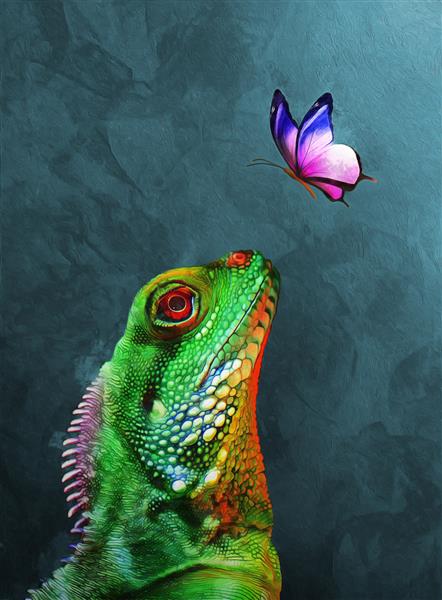 نقاشی رنگ روغن مدرن از مارمولک و پروانه مجموعه هنرمند از نقاشی حیوانات برای دکوراسیون و داخلی هنر بوم انتزاعی