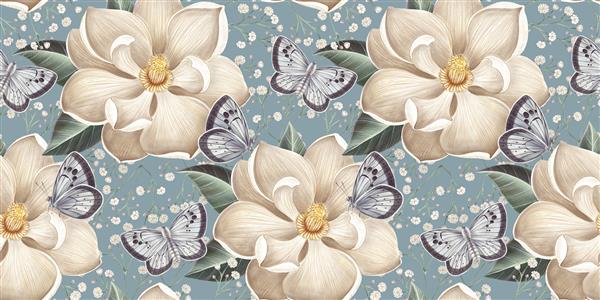 پس زمینه گل الگوی بدون درز گل های ماگنولیا بزرگ پروانه ها تصویر سه بعدی آبرنگ پس زمینه آبی انتزاعی کاغذ دیواری لوکس پارچه ملیله چاپ پارچه طراحی مدرن