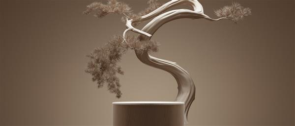 پس زمینه آرایشی انتزاعی مینیمال سبک ژاپنی سکو و درخت بونسای با پس زمینه قهوه ای برای ارائه محصول تصویر رندر سه بعدی