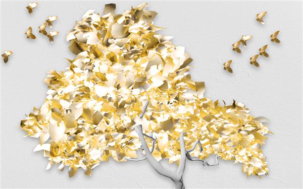 تصویر سه بعدی درخت کاغذی طلایی و پروانه ها در پس زمینه خاکستری گرانج