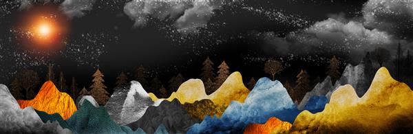 تصویر زمینه دیواری سه بعدی منظره با پس زمینه سیاه زمستانی کوه های طلایی آبی و رنگارنگ درختان کریسمس و ابرهای آسمان برای دکور دیوار خانه
