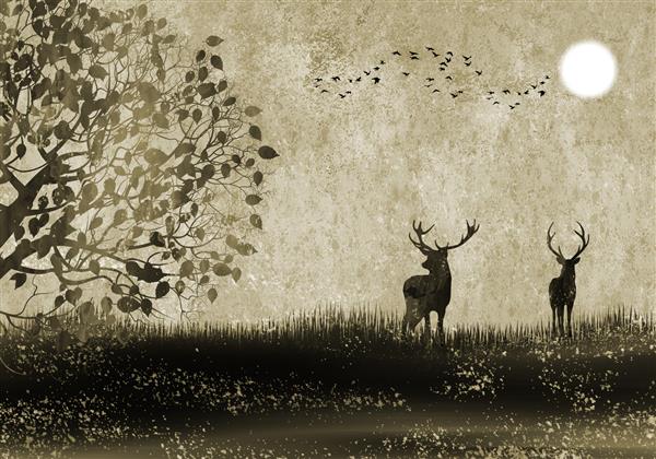 نقاشی سه بعدی کاغذ دیواری منظره بژ درخت گوزن پرندگان و ماه در پس زمینه روشن