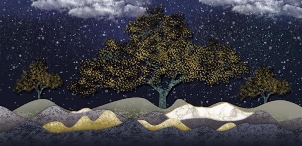 کاغذ دیواری منظره دیواری سه بعدی هنر مدرن با پس زمینه برفی آبی تیره درختان کریسمس سیاه کوه ابرها با پرندگان مناسب برای استفاده به عنوان قاب روی دیوار