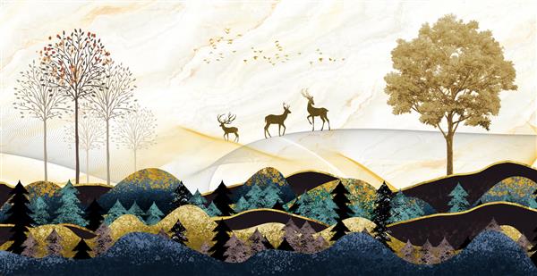 تصویر زمینه سه بعدی هنرهای منظره درختان کریسمس با کوه های فیروزه ای سیاه و خاکستری در پس زمینه زرد روشن با پرندگان
