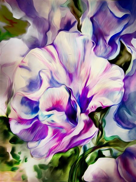 گل انتزاعی عجیب و غریب زیبا در رنگ های بنفش و آبی آبرنگ روی کاغذ در پردازش دیجیتال