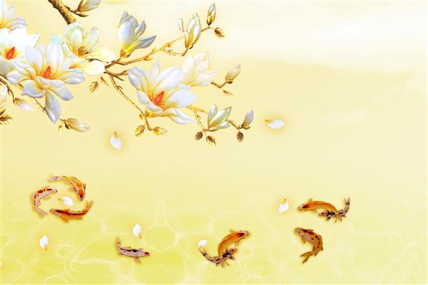 تصویر سه بعدی از گل ها و ماهی ها
