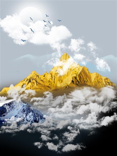 تصویر سه بعدی از مناظر طبیعی کوه ها و ابرها