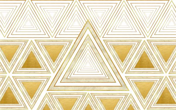 تصویر سه بعدی الگوی طلایی مثلثی هندسی جدا شده در پس زمینه سفید